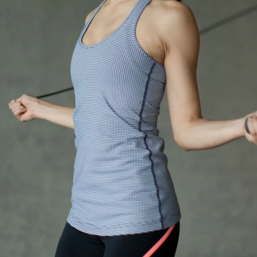 Lululemon Racerback  Blue White Gingham Print Tank Top Size 2 - Picture 2 of 6